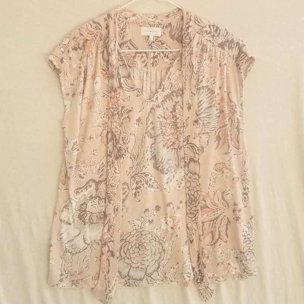 Lucky Brand V-Neck Tie Neck Pink Floral Blouse